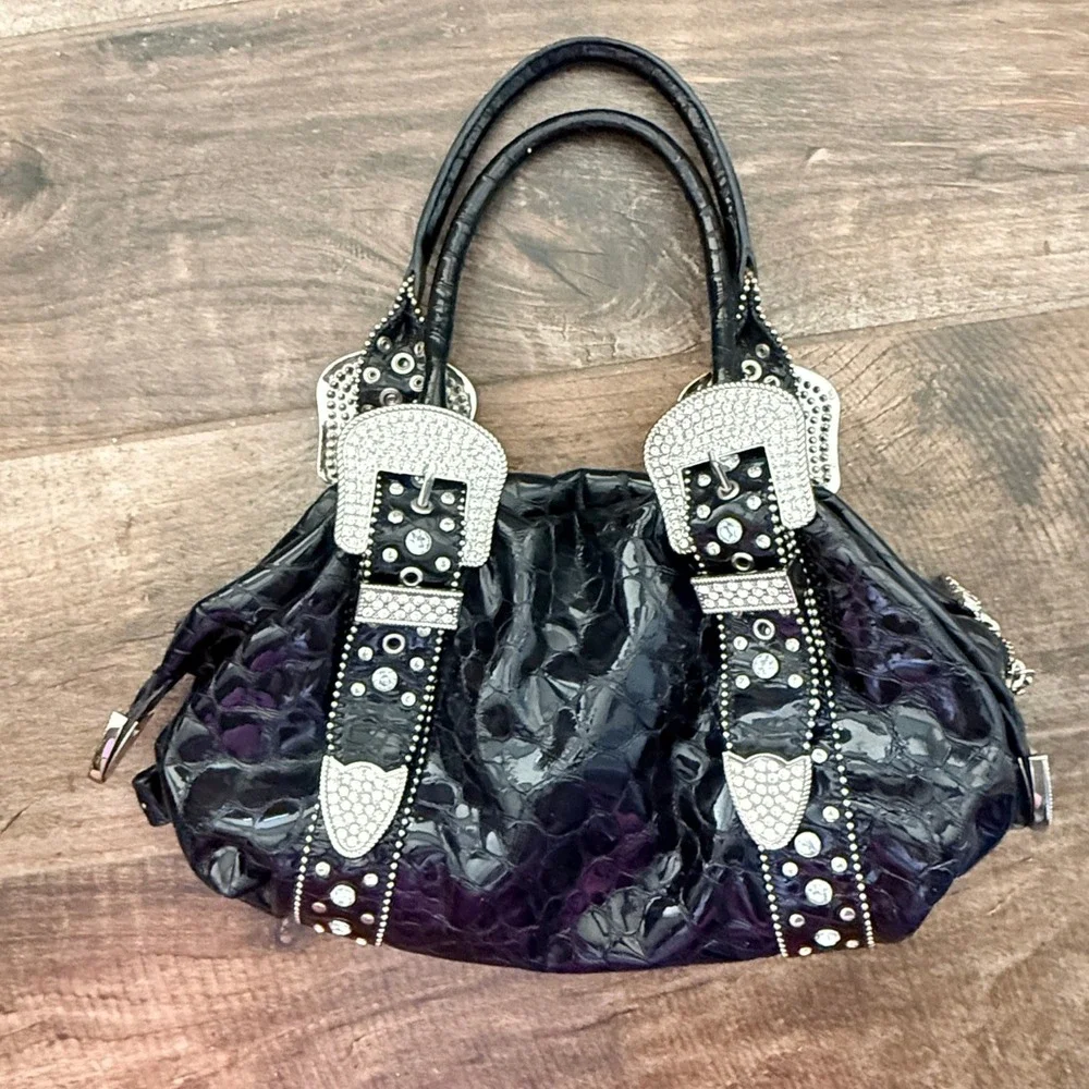 Charm and Luck Y2K Black Rhinestone Buckle Patent Croc Satchel Bag, Medium